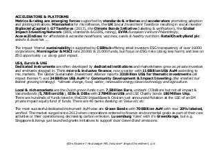 ACCELERATORS & PLATFORMS
Metrics & rating are emerging forces supported by standards & criterias and accelerators promoting adoption
and piloting initiatives. Mixmarkets for microfinance, the UK Social Investment Taskforce resulting in social investor
BigSocietyCapital & G7 Taskforce (2013), the Climate Bonds Initiative (labeling & verification), the Global
Impact Investing Network (IRIS, standards & GIIRS, rating), EVPA European Venture Philanthropy,
Access2Indices for affordable & accesible healthcare, vaccines, seeds & healthy nutrition. RetailCharityBond plc
selects & launches ...
The impact 'theme' sustainability is supported by CSRHub offering retail investors ESG transparency of over 16000
corporations, Morningstar & MSCI rate 20.000 & 21.000 funds, but focus on ESG risks (doing less harm) and less on
ESG opportunity i.e. doing good impact.
US$, Euro's & UK£
Dedicated instruments are often developed by dedicated institutions and marketshares grew as private investors
and emittants stepped in. Think micro & inclusive finance, now a sector with 116Billion US$ AuM according to
mix.markets. The Global Sustainable Investment Alliance reports 331Billion US$ for thematic investments (all
impact themes*) and 248Billion US$ AuM for Community Development & Impact Investing (the smallest but
fastest growing strategy). *climate change, food, water, renewable energy/clean technology and agriculture.
Local & nichemarkets are the Dutch green funds cum. 7,5Billion Euro, uridashi (33billions but not all impact &
VaccineBonds (5,7Billion US$), SIBs & DIBs with 278Million US$ and LSE Charity bonds 180Million Ukp.
There are hundreds of funds listed in theGIIN ImpactBase & Obviam just announced flotation at the LSE of an EM
private impact equity fund of funds. There are 40 banks Banking on Value etc etc
The most successful dedicated instrument AuM wise are Green Bonds with 700Billion AuM with now 20% labeled,
verified. The market surged since 2013 when corporations entered to finance environmental goals as part of their core
activities or their operations eg decreasing carbon emission. Luxemburg 'rules' with it's GreenXange, but e.g.
Singapore & Kenya just launched grants initiatives to support local Green Bond emissions.
©Drs Alcanne J Houtzaager MA, Inclusive² Impact Investment, p.6
 