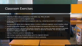Classroom Exercises
• collecting L2 data in the L2 community or the media, e.g., films, sit-coms
• comparing learners’ L1 and L2 pragmatic norms
• comparing felicitous and infelicitous L2 pragmatic uses, e.g., comparing successful and awkward
interactions
• sharing personal stories about pragmatic failure or similar or different pragmatic norms in another culture
• reconstructing sample dialogues, e.g., recreating dialogues and sequencing of lines from a dialogue
• role-playing (variation: role-plays with specific intentions, such as where one person attempts to persuade
the other to accept an invitation and the other intends to refuse the invitation. The role-play can be
recorded for subsequent reflection
• keeping a reflective journal or interaction log
• interviewing L2-speaking informants about norms for pragmatic behavior
• experimenting with certain pragmatic behavior in the L2 community
This Photo by Unknown Author is licensed under CC BY-ND
 