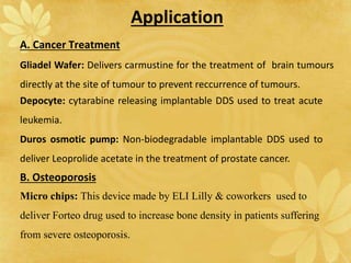 Application
A. Cancer Treatment
Gliadel Wafer: Delivers carmustine for the treatment of brain tumours
directly at the site of tumour to prevent reccurrence of tumours.
Depocyte: cytarabine releasing implantable DDS used to treat acute
leukemia.
Duros osmotic pump: Non-biodegradable implantable DDS used to
deliver Leoprolide acetate in the treatment of prostate cancer.
B. Osteoporosis
Micro chips: This device made by ELI Lilly & coworkers used to
deliver Forteo drug used to increase bone density in patients suffering
from severe osteoporosis.
 