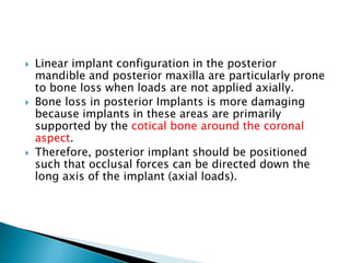  Linear implant configuration in the posterior
mandible and posterior maxilla are particularly prone
to bone loss when loads are not applied axially.
 Bone loss in posterior Implants is more damaging
because implants in these areas are primarily
supported by the cotical bone around the coronal
aspect.
 Therefore, posterior implant should be positioned
such that occlusal forces can be directed down the
long axis of the implant (axial loads).
 