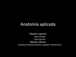 Anatomía aplicada
Maxilar superior
Seno maxilar
Fosas nasales
Maxilar inferior
Conducto Dentario Inferior y Agujero Mentoniano
 