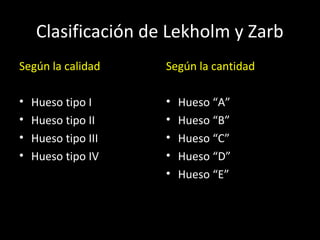 Cátedra de Cy T.B.M.F. II
Clasificación de Lekholm y Zarb
Según la calidad
• Hueso tipo I
• Hueso tipo II
• Hueso tipo III
• Hueso tipo IV
Según la cantidad
• Hueso “A”
• Hueso “B”
• Hueso “C”
• Hueso “D”
• Hueso “E”
 