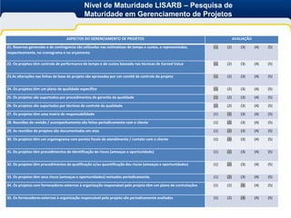 Nível de Maturidade LISARB – Pesquisa de
                                              Maturidade em Gerenciamento de Projetos


                                   ASPECTOS DO GERENCIAMENTO DE PROJETOS                                                    AVALIAÇÃO

21. Reservas gerenciais e de contingencia são utilizadas nas estimativas de tempo e custos, e representadas,    (1)   (2)       (3)     (4)   (5)
respectivamente, no cronograma e no orçamento

22. Os projetos têm controle de performance de tempo e de custos baseado nas técnicas de Earned Value           (1)   (2)       (3)     (4)   (5)


23.As alterações nas linhas de base do projeto são aprovadas por um comitê de controle do projeto               (1)   (2)       (3)     (4)   (5)


24. Os projetos têm um plano de qualidade específico                                                            (1)   (2)       (3)     (4)   (5)

25. Os projetos são suportados por procedimentos de garantia da qualidade                                       (1)   (2)       (3)     (4)   (5)

26. Os projetos são suportados por técnicas de controle da qualidade                                            (1)   (2)       (3)     (4)   (5)

27. Os projetos têm uma matriz de responsabilidade                                                              (1)   (2)       (3)     (4)   (5)

28. Reuniões de revisão / acompanhamento são feitas periodicamente com o cliente                                (1)   (2)       (3)     (4)   (5)

29. As reuniões de projetos são documentadas em atas                                                            (1)   (2)       (3)     (4)   (5)

30. Os projetos têm um organograma com pontos focais de atendimento / contato com o cliente                     (1)   (2)       (3)     (4)   (5)


31. Os projetos têm procedimentos de identificação de riscos (ameaças e oportunidade)                           (1)   (2)       (3)     (4)   (5)


32. Os projetos têm procedimentos de qualificação e/ou quantificação dos riscos (ameaças e oportunidades)       (1)   (2)       (3)     (4)   (5)


33. Os projetos têm seus riscos (ameaças e oportunidades) revisados periodicamente.                             (1)   (2)       (3)     (4)   (5)

34. Os projetos com fornecedores externos à organização responsável pelo projeto têm um plano de contratações   (1)   (2)       (3)     (4)   (5)


35. Os fornecedores externos à organização responsável pelo projeto são periodicamente avaliados                (1)   (2)       (3)     (4)   (5)
 