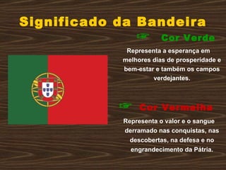 Significado da Bandeira ☞   Cor Verde   Representa a esperança em melhores dias de prosperidade e bem-estar e também os campos verdejantes. ☞   Cor Vermelha   Representa o valor e o sangue derramado nas conquistas, nas descobertas, na defesa e no engrandecimento da Pátria. 