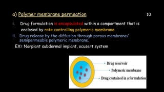 a) Polymer membrane permeation 10
i. Drug formulation is encapsulated within a compartment that is
enclosed by rate controlling polymeric membrane.
ii. Drug release by the diffusion through porous membrane/
semipermeable polymeric membrane.
EX= Norplant subdermal implant, ocusert system
 