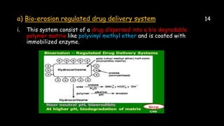 a) Bio-erosion regulated drug delivery system 14
i. This system consist of a drug dispersed into a bio degradable
polymer matrix like polyvinyl methyl ether and is coated with
immobilized enzyme.
 