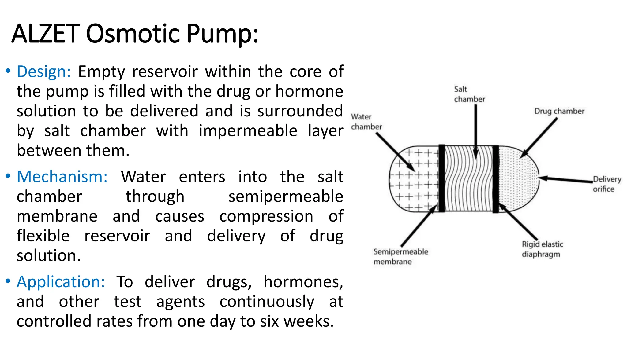 ALZET Osmotic Pump:
• Design: Empty reservoir within the core of
the pump is filled with the drug or hormone
solution to be delivered and is surrounded
by salt chamber with impermeable layer
between them.
• Mechanism: Water enters into the salt
chamber through semipermeable
membrane and causes compression of
flexible reservoir and delivery of drug
solution.
• Application: To deliver drugs, hormones,
and other test agents continuously at
controlled rates from one day to six weeks.
 
