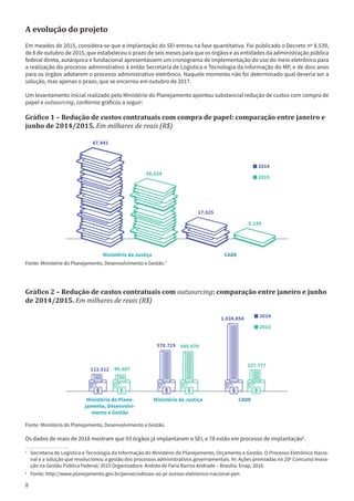 8
A evolução do projeto
Em meados de 2015, considera-se que a implantação do SEI entrou na fase quantitativa. Foi publicado o Decreto nº 8.539,
de 8 de outubro de 2015, que estabeleceu o prazo de seis meses para que os órgãos e as entidades da administração pública
federal direta, autárquica e fundacional apresentassem um cronograma de implementação do uso do meio eletrônico para
a realização do processo administrativo à então Secretaria de Logística e Tecnologia da Informação do MP, e de dois anos
para os órgãos adotarem o processo administrativo eletrônico. Naquele momento não foi determinado qual deveria ser a
solução, mas apenas o prazo, que se encerrou em outubro de 2017.
Um levantamento inicial realizado pelo Ministério do Planejamento apontou substancial redução de custos com compra de
papel e outsourcing, conforme gráficos a seguir:
Gráfico 1 – Redução de custos contratuais com compra de papel: comparação entre janeiro e
junho de 2014/2015. Em milhares de reais (R$)
Fonte: Ministério do Planejamento, Desenvolvimento e Gestão.7
Gráfico 2 – Redução de custos contratuais com outsourcing: comparação entre janeiro e junho
de 2014/2015. Em milhares de reais (R$)
Fonte: Ministério do Planejamento, Desenvolvimento e Gestão.
Os dados de maio de 2018 mostram que 93 órgãos já implantaram o SEI, e 78 estão em processo de implantação8
.
7
	 Secretaria de Logística e Tecnologia da Informação do Ministério do Planejamento, Orçamento e Gestão. O Processo Eletrônico Nacio-
nal e a solução que revolucionou a gestão dos processos administrativos governamentais. In: Ações premiadas no 20º Concurso Inova-
ção na Gestão Pública Federal/ 2015 Organizadora: Andréa de Faria Barros Andrade – Brasília: Enap, 2016.
8
	 Fonte: http://www.planejamento.gov.br/pensei/adesao-ao-pr ocesso-eletronico-nacional-pen
87.941
56.324
17.025
5.139
Ministério da Justiça CADE
2014
2015
2014
2015
112.512 96.607
578.719 545.970
1.034.854
227.777
Ministério da Justiça CADEMinistério do Plane-
jamento, Desenvolvi-
mento e Gestão
 