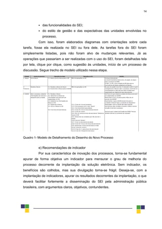 14
 das funcionalidades do SEI;
 do estilo de gestão e das expectativas das unidades envolvidas no
processo.
Com isso, foram elaborados diagramas com orientações sobre cada
tarefa, fosse ela realizada no SEI ou fora dele. As tarefas fora do SEI foram
simplesmente listadas, pois não foram alvo de mudanças relevantes. Já as
operações que passariam a ser realizadas com o uso do SEI, foram detalhadas tela
por tela, clique por clique, como sugestão às unidades, início de um processo de
discussão. Segue trecho de modelo utilizado nessa etapa.
Quadro 1- Modelo de Detalhamento do Desenho do Novo Processo
e) Recomendações de indicador
Por sua característica de inovação dos processos, torna-se fundamental
apurar de forma objetiva um indicador para mensurar o grau de melhoria do
processo decorrente da implantação da solução eletrônica. Sem indicador, os
benefícios são colhidos, mas sua divulgação torna-se frágil. Deseja-se, com a
implantação de indicadores, apurar os resultados decorrentes da implantação, o que
deverá facilitar fortemente a disseminação do SEI pela administração pública
brasileira, com argumentos claros, objetivos, contundentes.
 