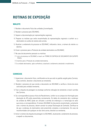 11
MANUAL de Protocolo - 2ª Edição
ROTINAS DE EXPEDIÇÃO
MALOTE
1. Receber o documento físico das unidades já envelopado;
2. Receber o processo pelo SEI/ANAC;
3. Separar a documentação por representações regionais;
4. Preparar os malotes que serão encaminhados às representações regionais e conferir se o
destinatário no cartão de malote está correto;
5. Atualizar o andamento do processo no SEI/ANAC, indicando o lacre, o número do malote e o
destino;
6. Enviar o processo para o Protocolo da unidade destinatária via SEI/ANAC;
7. No caso de documentos pessoais ou restritos:
7.1 criar um processo no SEI/ANAC e inserir um TERMO DE ENTREGA DE DOCUMENTO EM SUPORTE
FÍSICO;
7.2 tramitar para o Protocolo da unidade destinatária;
7.3 a unidade destinatária, após conferência, atualizará o andamento atestando o recebimento.
CORREIOS
1. Inspecionar o documento físico, certificando-se de que está no padrão exigido pelos Correios.
Caso contrário, devolver o documento ao remetente;
2. Receber o processo em que consta o documento via SEI/ANAC e verificar a forma de envio
solicitada pela unidade remetente;
3. Fixar a etiqueta de postagem no envelope conforme indicação do remetente e inserir carimbo
dos Correios;
4. Se a correspondência possuir Aviso de Recebimento, conferir se os campos de informação para
devolução do AR estão preenchidos corretamente. Os dados do remetente são o endereço
da unidade da ANAC (pode ser utilizado o carimbo de endereço) e o nome/sigla do setor
que enviou a correspondência. O número SEI/ANAC do documento encaminhado, juntamente
com o número do processo, devem constar no campo Declaração de Conteúdo. Certificar-se
de que o endereço do destinatário está preenchido completa e corretamente. Em caso de
inconformidade com qualquer um dos itens acima, devolver ao remetente;
5. Incluir o número da etiqueta de postagem no SEI/ANAC, atualizando o andamento do processo,
e expedir os documentos;
 