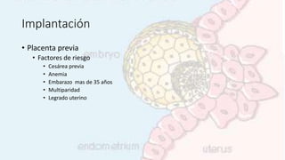 Implantación
• Placenta previa
• Factores de riesgo
• Cesárea previa
• Anemia
• Embarazo mas de 35 años
• Multiparidad
• Legrado uterino
 