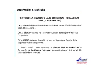 Documentos de consulta 
GESTIÓN DE LA SEGURIDAD Y SALUD OCUPACIONAL - NORMA OHSAS 
18000 (DOCUMENTACION) 
OHSAS 18001: Especificaciones para los Sistemas de Gestión de la Seguridad 
y Salud Ocupacional . 
OHSAS 18002: Guía para los Sistemas de Gestión de la Seguridad y Salud 
Ocupacional . 
OHSAS 18003: Criterios de Auditoría para los Sistemas de Gestión de la 
Seguridad y Salud Ocupacional. 
La Norma OHSAS 18000 establece un modelo para la Gestión de la 
Prevención de los Riesgos Laborales. Fue publicada en 1999 por el BSI 
(British Standards Institute). 
 