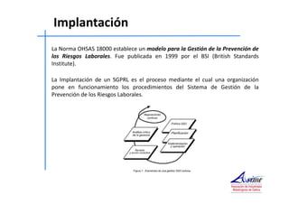 Implantación 
La Norma OHSAS 18000 establece un modelo para la Gestión de la Prevención de 
los Riesgos Laborales. Fue publicada en 1999 por el BSI (British Standards 
Institute). 
La Implantación de un SGPRL es el proceso mediante el cual una organización 
pone en funcionamiento los procedimientos del Sistema de Gestión de la 
Prevención de los Riesgos Laborales. 
 