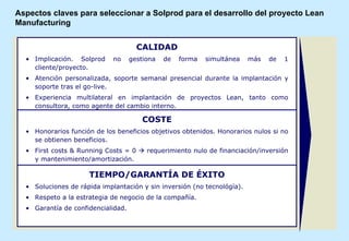 Aspectos claves para seleccionar a Solprod para el desarrollo del proyecto Lean Manufacturing CALIDAD Implicación. Solprod no gestiona de forma simultánea más de 1 cliente/proyecto. Atención personalizada, soporte semanal presencial durante la implantación y soporte tras el go-live. Experiencia multilateral en implantación de proyectos Lean, tanto como consultora, como agente del cambio interno. COSTE Honorarios función de los beneficios objetivos obtenidos. Honorarios nulos si no se obtienen beneficios. First costs & Running Costs = 0    requerimiento nulo de financiación/inversión y mantenimiento/amortización. TIEMPO/GARANTÍA DE ÉXITO Soluciones de rápida implantación y sin inversión (no tecnológía). Respeto a la estrategia de negocio de la compañía. Garantía de confidencialidad.  