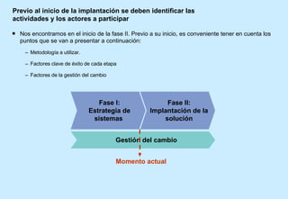 Previo al inicio de la implantación se deben identificar las actividades y los actores a participar Nos encontramos en el inicio de la fase II. Previo a su inicio, es conveniente tener en cuenta los puntos que se van a presentar a continuación: Metodología a utilizar. Factores clave de éxito de cada etapa Factores de la gestión del cambio Gestión del cambio Momento actual Fase I: Estrategia de sistemas  Fase II: Implantación de la solución 