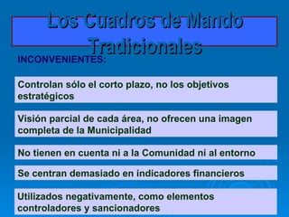 Los Cuadros de Mando Tradicionales INCONVENIENTES: Controla n  sólo el corto plazo, no los objetivos estratégicos Visión parcial de cada área ,  no ofrece n  una imagen completa de la Municipalidad No tiene n  en cuenta ni a la Comunidad ni al entorno Se centra n  demasiado en indicadores financieros Utilizado s  negativamente, como  elementos  controlador es y  sancionador es 