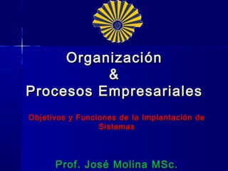 Organización
          &
Procesos Empresariales
Objetivos y Funciones de la Implantación de
                 Sistemas




      Prof. José Molina MSc.
 