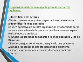 Los pasos para hacer un mapa de procesos serian los 
siguientes: 
1) Identificar a los actores 
Clientes, proveedores y otras organizaciones de su entorno 
2) Identificar la línea operativa 
La línea operativa de nuestra organización está formada por la 
secuencia encadenada de procesos que llevamos a cabo para 
realizar nuestro producto 
3) Añadir los procesos de soporte a la línea operativa y los de 
Dirección 
Dirección, mejora continua, estrategia, o lo que queramos 
4) Añadir los procesos que afectan a todo el sistema 
Gestión de reclamaciones, recursos humanos, auditorias 
internas 
 