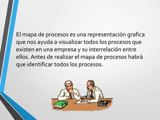 El mapa de procesos es una representación grafica 
que nos ayuda a visualizar todos los procesos que 
existen en una empresa y su interrelación entre 
ellos. Antes de realizar el mapa de procesos habrá 
que identificar todos los procesos. 
 