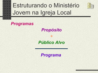 Estruturando o Ministério Jovem na Igreja Local Programas   Propósito + Público Alvo Programa   