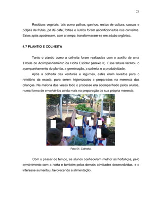 29
Resíduos vegetais, tais como palhas, ganhos, restos de cultura, cascas e
polpas de frutas, pó de café, folhas e outros foram acondicionados nos canteiros.
Estes após apodrecem, com o tempo, transformaram-se em adubo orgânico.
4.7 PLANTIO E COLHEITA
Tanto o plantio como a colheita foram realizadas com o auxílio de uma
Tabela de Acompanhamento da Horta Escolar (Anexo II). Essa tabela facilitou o
acompanhamento do plantio, a germinação, a colheita e a produtividade.
Após a colheita das verduras e legumes, estes eram levados para o
refeitório da escola, para serem higienizados e preparados na merenda das
crianças. Na maioria das vezes todo o processo era acompanhado pelos alunos,
numa forma de envolvê-los ainda mais na preparação de sua própria merenda.
Foto 04: Colheita.
Com o passar do tempo, os alunos conheceram melhor as hortaliças, pelo
envolvimento com a horta e também pelas demais atividades desenvolvidas, e o
interesse aumentou, favorecendo a alimentação.
 