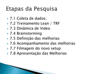  7.1 Coleta de dados;
 7.2 Treinamento Lean / TRF
 7.3 Dinâmica de Video
 7.4 Brainstorming
 7.5 Definição das melhorias
 7.6 Acompanhamento das melhorias
 7.7 Filmagem do novo setup
 7.8 Apresentação das Melhorias
 