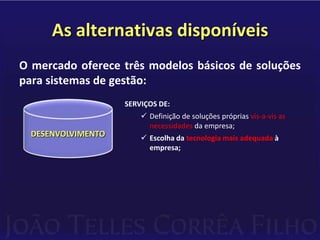 Necessitam customizações (adaptações)        para que atendam as necessidades       específicas das empresas;