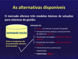 As alternativas disponíveisO mercado oferece três modelos básicos de soluções para sistemas de gestão:SERVIÇOS DE:Definição de soluções próprias vis-a-vis as necessidades da empresa;DESENVOLVIMENTO