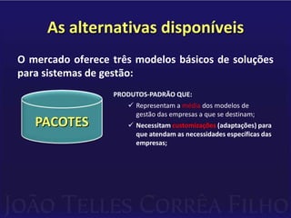As alternativas disponíveisO mercado oferece três modelos básicos de soluções para sistemas de gestão:PRODUTOS-PADRÃO QUE:Representam a média dos modelos de        gestão das empresas a que se destinam;