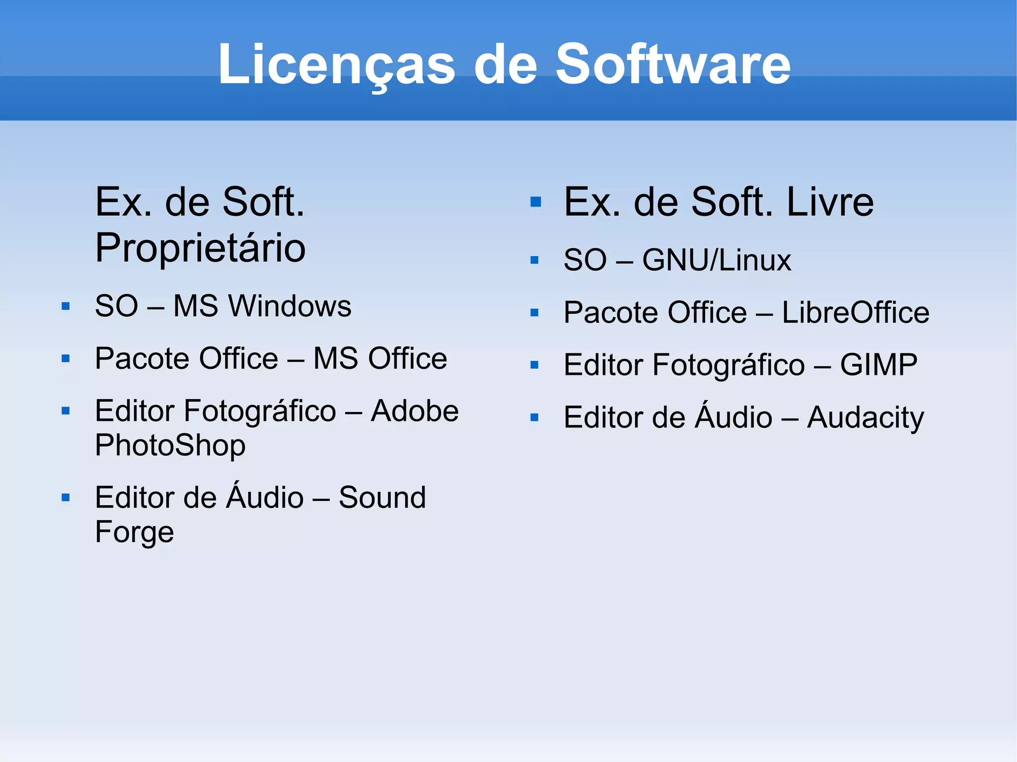 Licenças de Software

    Ex. de Soft.                    Ex. de Soft. Livre
    Proprietário                    SO – GNU/Linux
   SO – MS Windows                 Pacote Office – LibreOffice
   Pacote Office – MS Office       Editor Fotográfico – GIMP
   Editor Fotográfico – Adobe      Editor de Áudio – Audacity
    PhotoShop
   Editor de Áudio – Sound
    Forge
 