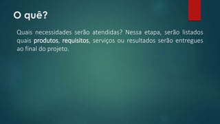 O quê? 
Quais necessidades serão atendidas? Nessa etapa, serão listados 
quais produtos, requisitos, serviços ou resultados serão entregues 
ao final do projeto. 
 