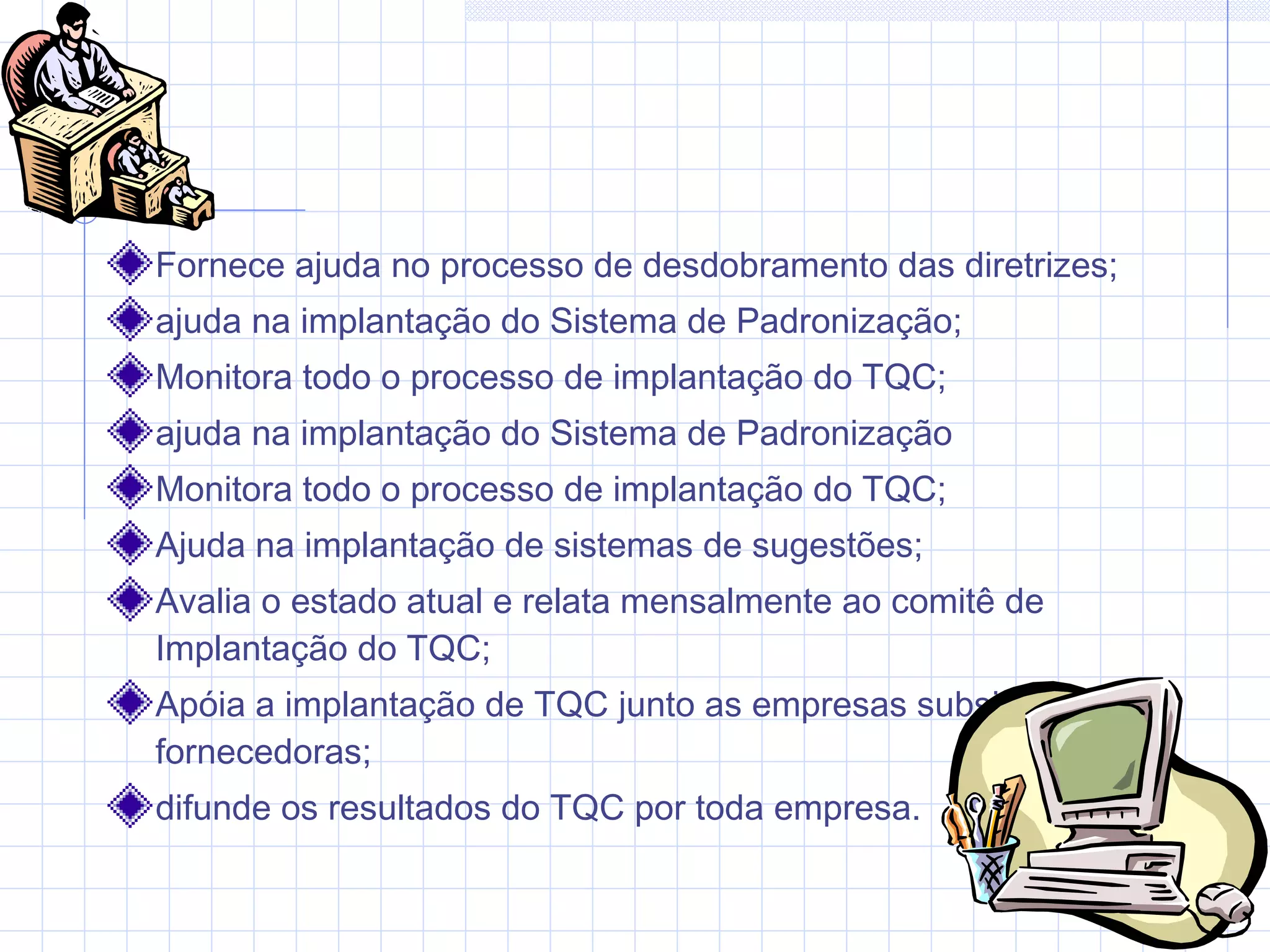 Fornece ajuda no processo de desdobramento das diretrizes;
ajuda na implantação do Sistema de Padronização;
Monitora todo o processo de implantação do TQC;
ajuda na implantação do Sistema de Padronização
Monitora todo o processo de implantação do TQC;
Ajuda na implantação de sistemas de sugestões;
Avalia o estado atual e relata mensalmente ao comitê de
Implantação do TQC;
Apóia a implantação de TQC junto as empresas subsidiárias e
fornecedoras;
difunde os resultados do TQC por toda empresa.
 