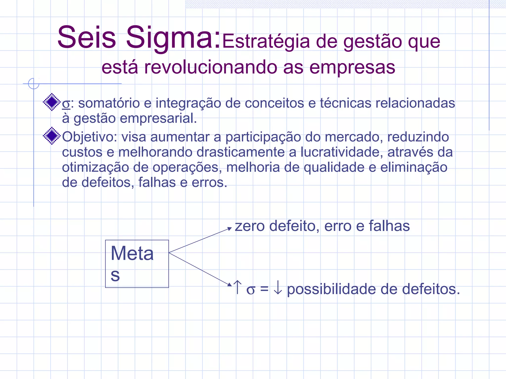 Seis Sigma:Estratégia de gestão que
      está revolucionando as empresas
σ: somatório e integração de conceitos e técnicas relacionadas
à gestão empresarial.
Objetivo: visa aumentar a participação do mercado, reduzindo
custos e melhorando drasticamente a lucratividade, através da
otimização de operações, melhoria de qualidade e eliminação
de defeitos, falhas e erros.


                           zero defeito, erro e falhas
       Meta
       s
                          ↑ σ = ↓ possibilidade de defeitos.
 