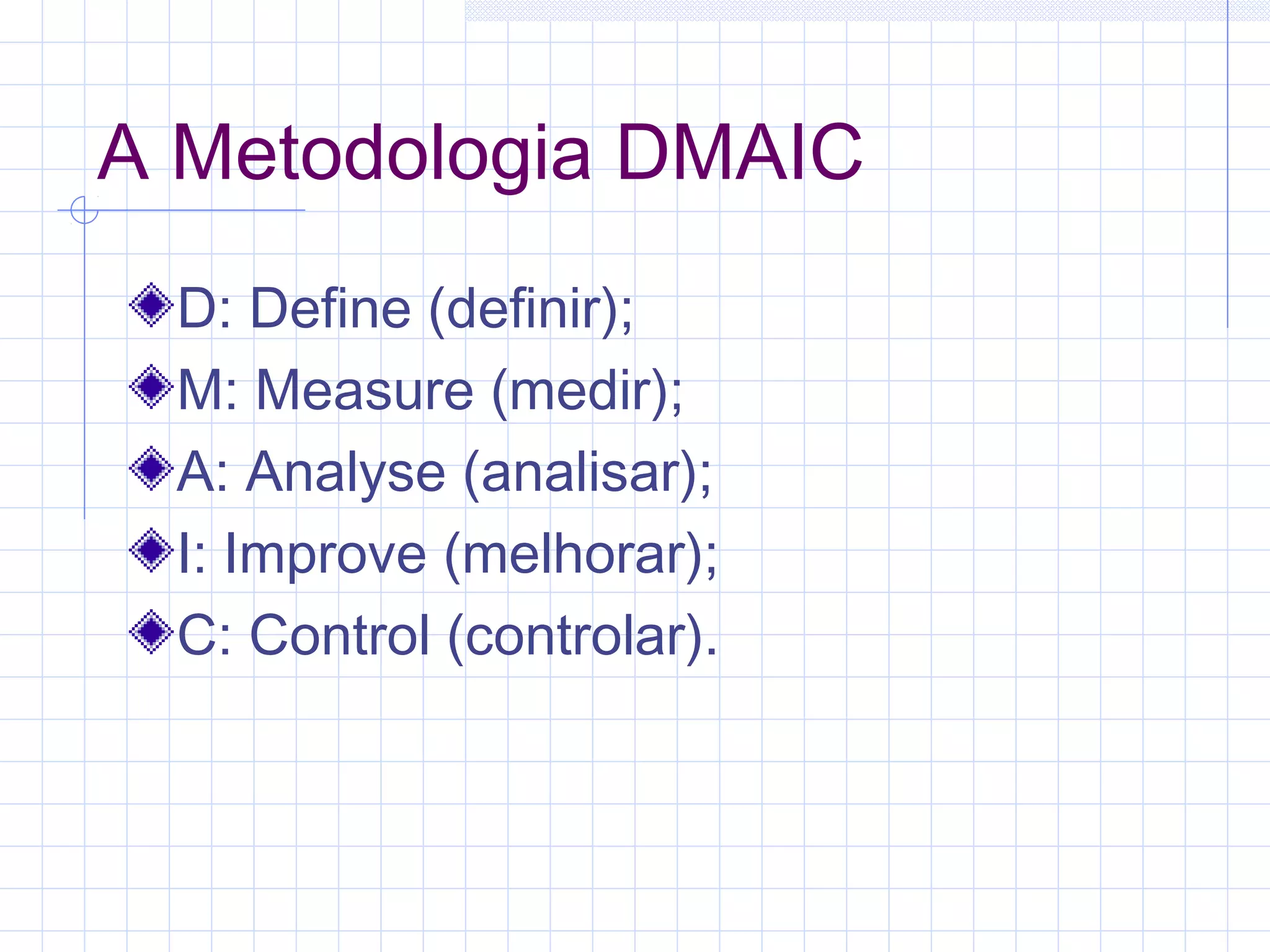 A Metodologia DMAIC
 D: Define (definir);
 M: Measure (medir);
 A: Analyse (analisar);
 I: Improve (melhorar);
 C: Control (controlar).
 