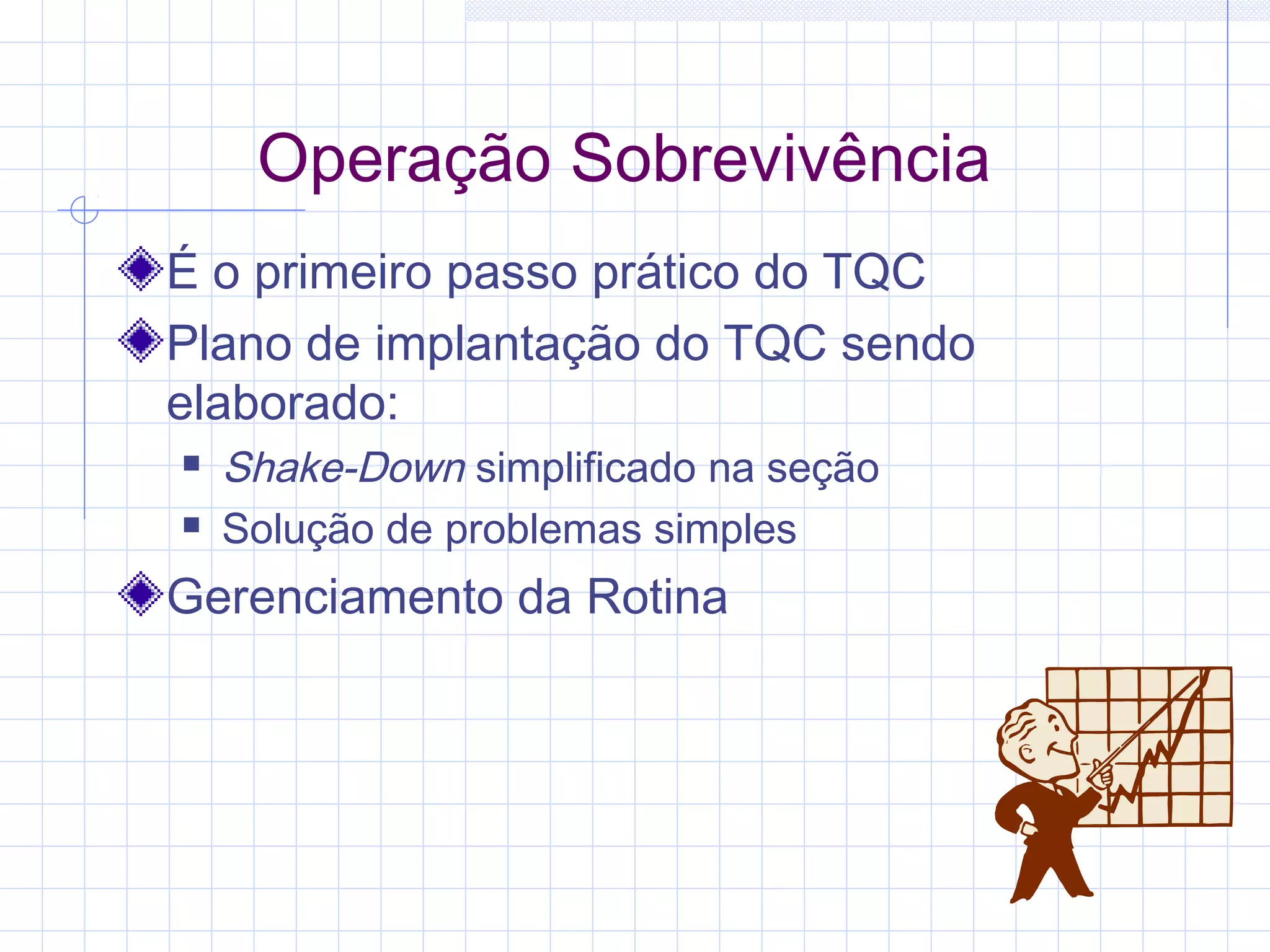 Operação Sobrevivência
É o primeiro passo prático do TQC
Plano de implantação do TQC sendo
elaborado:
   Shake-Down simplificado na seção
   Solução de problemas simples
Gerenciamento da Rotina
 