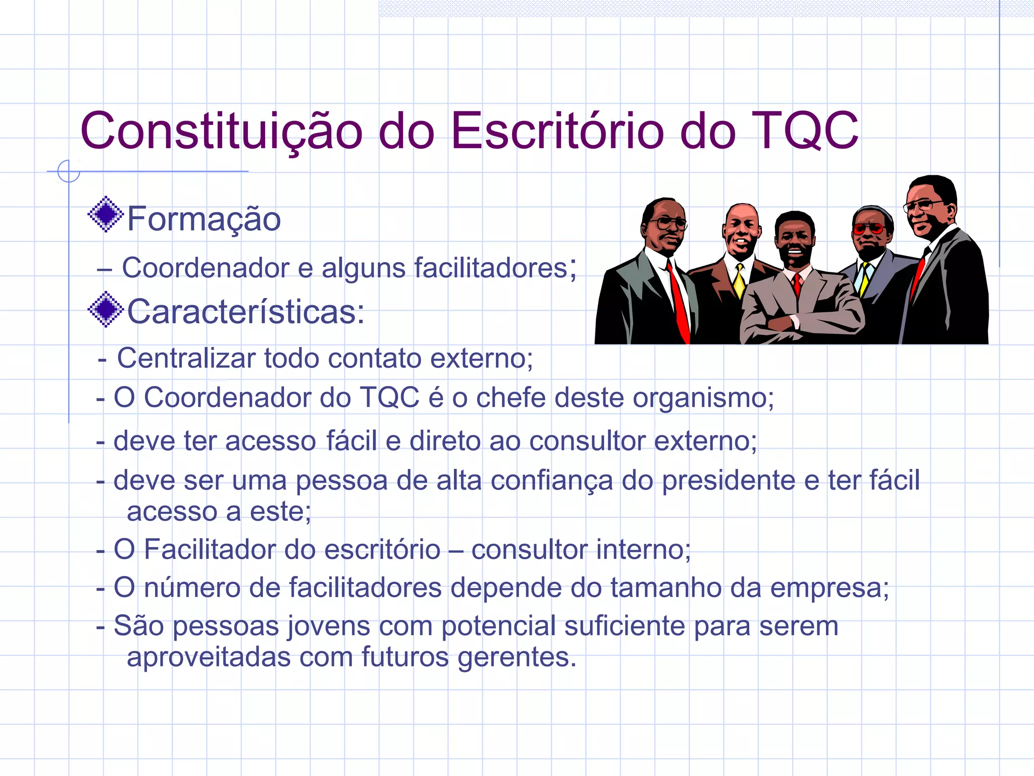 Constituição do Escritório do TQC
  Formação
– Coordenador e alguns facilitadores;
  Características:
- Centralizar todo contato externo;
- O Coordenador do TQC é o chefe deste organismo;
- deve ter acesso fácil e direto ao consultor externo;
- deve ser uma pessoa de alta confiança do presidente e ter fácil
   acesso a este;
- O Facilitador do escritório – consultor interno;
- O número de facilitadores depende do tamanho da empresa;
- São pessoas jovens com potencial suficiente para serem
   aproveitadas com futuros gerentes.
 