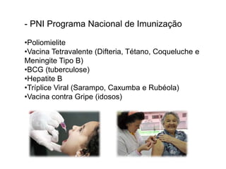 - PNI Programa Nacional de Imunização

•Poliomielite
•Vacina Tetravalente (Difteria, Tétano, Coqueluche e
Meningite Tipo B)
•BCG (tuberculose)
•Hepatite B
•Tríplice Viral (Sarampo, Caxumba e Rubéola)
•Vacina contra Gripe (idosos)
 