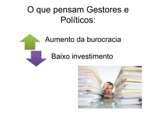 O que pensam Gestores e
        Políticos:

    Aumento da burocracia

     Baixo investimento
 