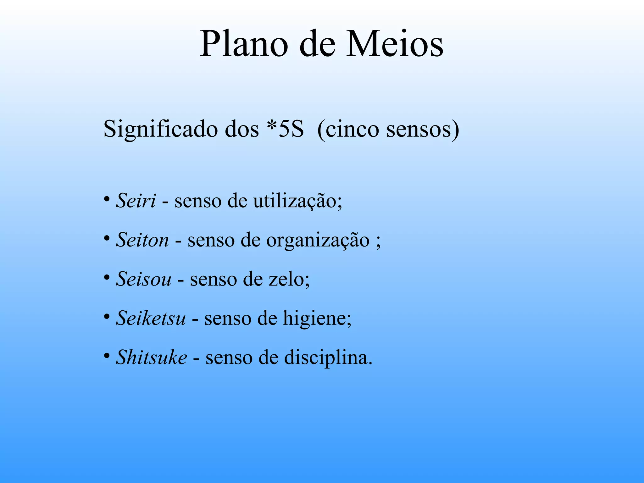 Plano de Meios

Significado dos *5S (cinco sensos)

• Seiri - senso de utilização;
• Seiton - senso de organização ;
• Seisou - senso de zelo;
• Seiketsu - senso de higiene;
• Shitsuke - senso de disciplina.
 