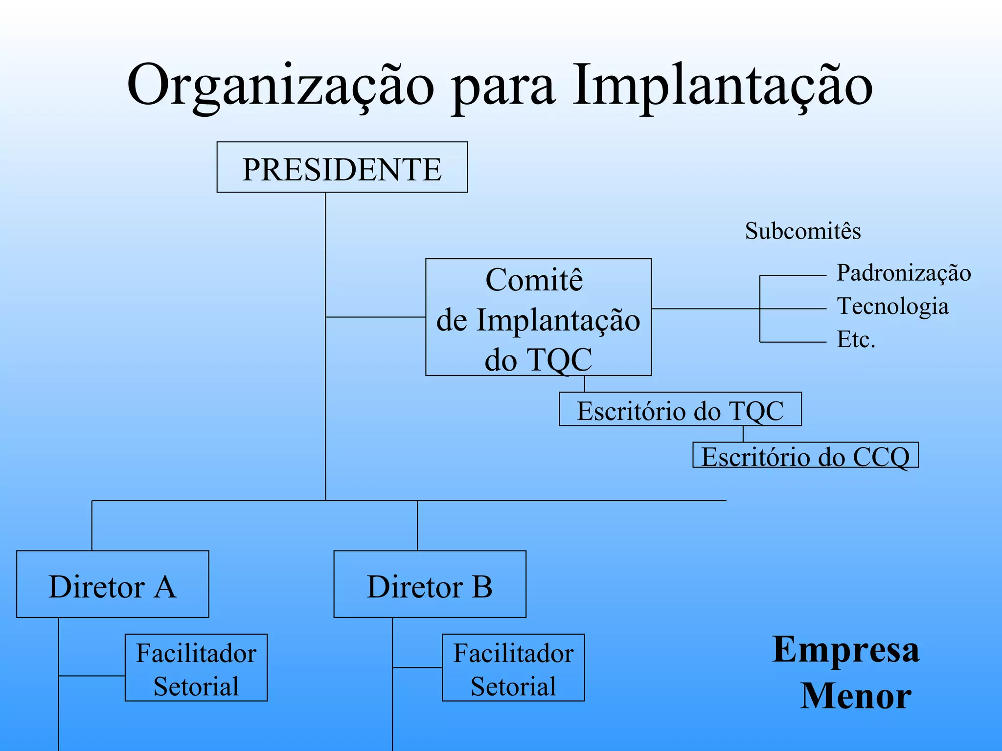 Organização para Implantação
               PRESIDENTE
                                                       Subcomitês

                             Comitê                            Padronização
                                                               Tecnologia
                         de Implantação                        Etc.
                             do TQC
                                          Escritório do TQC
                                                    Escritório do CCQ



Diretor A            Diretor B
      Facilitador           Facilitador                  Empresa
       Setorial              Setorial                     Menor
 