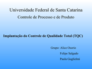 Universidade Federal de Santa Catarina
        Controle de Processo e de Produto



Implantação do Controle de Qualidade Total (TQC)


                            Grupo: Alice Osorio
                                  Felipe Salgado
                                  Paula Guglielmi
 