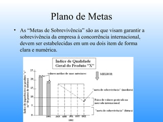Plano de Metas
• As “Metas de Sobrevivência” são as que visam garantir a
  sobrevivência da empresa à concorrência internacional,
  devem ser estabelecidas em um ou dois item de forma
  clara e numérica.
 