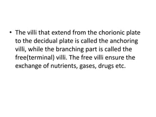 • The villi that extend from the chorionic plate
to the decidual plate is called the anchoring
villi, while the branching part is called the
free(terminal) villi. The free villi ensure the
exchange of nutrients, gases, drugs etc.

 