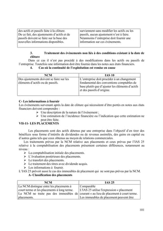 101
des actifs et passifs faite à la clôture.
De ce fait, des ajustements d’actifs et de
passifs doivent se faire sur la base des
nouvelles informations disponibles.
surviennent sans modifier les actifs ou les
passifs, aucun ajustement n’est à faire.
Néanmoins l’entreprise doit fournir une
information sur ces événements.
3. Traitement des évènements non liés à des conditions existant à la date de
clôture
Dans ce cas il n’est pas procédé à des modifications dans les actifs ou passifs de
l’entreprise. Toutefois une information doit être fournie dans les notes aux états financiers.
4. Cas où la continuité de l’exploitation est remise en cause
NCM IAS 10
Des ajustements doivent se faire sur les
éléments d’actifs ou de passifs.
L’entreprise doit procéder à un changement
fondamental des conventions comptables de
base plutôt que d’ajuster les éléments d’actifs
et des passifs d’origine.
C- Les informations à fournir
Les évènements survenant après la date de clôture qui nécessitent d’être portés en notes aux états
financiers doivent comprendre :
 Une description de la nature de l’événement ;
 Une estimation de l’incidence financière ou l’indication que cette estimation ne
peut être faite.
VII-11- LES PLACEMENTS
Les placements sont des actifs détenus par une entreprise dans l’objectif d’en tirer des
bénéfices sous forme d’intérêts de dividendes ou de revenus assimilés, des gains en capital ou
d’autres gains tels que ceux obtenus au moyen de relations commerciales.
Les traitements prévus par la NCM relative aux placements et ceux prévus par l’IAS 25
relative à la comptabilisation des placements présentent certaines différences, notamment au
niveau :
 La comptabilisation initiale des placements.
 L’évaluation postérieure des placements.
 Le transfert des placements.
 Le traitement des titres avec dividende acquis.
 Les informations à fournir.
L’IAS 25 prévoit aussi le cas des immeubles de placement qui ne sont pas prévus par la NCM.
A- Classification des placements
NCM IAS 25
La NCM distingue entre les placements à
court terme et les placements à long terme.
La NCM ne traite pas des immeubles de
placements.
Comparable
L'IAS 25 utilise l'expression « placement
courant » au lieu de placement à court terme.
Les immeubles de placement peuvent être
 