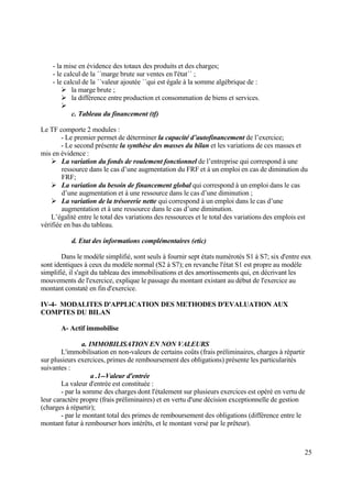 25
- la mise en évidence des totaux des produits et des charges;
- le calcul de la ´´marge brute sur ventes en l'état´´ ;
- le calcul de la ´´valeur ajoutée ´´qui est égale à la somme algébrique de :
 la marge brute ;
 la différence entre production et consommation de biens et services.

c. Tableau du financement (tf)
Le TF comporte 2 modules :
- Le premier permet de déterminer la capacité d’autofinancement de l’exercice;
- Le second présente la synthèse des masses du bilan et les variations de ces masses et
mis en évidence :
 La variation du fonds de roulement fonctionnel de l’entreprise qui correspond à une
ressource dans le cas d’une augmentation du FRF et à un emploi en cas de diminution du
FRF;
 La variation du besoin de financement global qui correspond à un emploi dans le cas
d’une augmentation et à une ressource dans le cas d’une diminution ;
 La variation de la trésorerie nette qui correspond à un emploi dans le cas d’une
augmentation et à une ressource dans le cas d’une diminution.
L’égalité entre le total des variations des ressources et le total des variations des emplois est
vérifiée en bas du tableau.
d. Etat des informations complémentaires (etic)
Dans le modèle simplifié, sont seuls à fournir sept états numérotés S1 à S7; six d'entre eux
sont identiques à ceux du modèle normal (S2 à S7); en revanche l'état S1 est propre au modèle
simplifié, il s'agit du tableau des immobilisations et des amortissements qui, en décrivant les
mouvements de l'exercice, explique le passage du montant existant au début de l'exercice au
montant constaté en fin d'exercice.
IV-4- MODALITES D'APPLICATION DES METHODES D'EVALUATION AUX
COMPTES DU BILAN
A- Actif immobilise
a. IMMOBILISATION EN NON VALEURS
L'immobilisation en non-valeurs de certains coûts (frais préliminaires, charges à répartir
sur plusieurs exercices, primes de remboursement des obligations) présente les particularités
suivantes :
a .1--Valeur d'entrée
La valeur d'entrée est constituée :
- par la somme des charges dont l'étalement sur plusieurs exercices est opéré en vertu de
leur caractère propre (frais préliminaires) et en vertu d'une décision exceptionnelle de gestion
(charges à répartir);
- par le montant total des primes de remboursement des obligations (différence entre le
montant futur à rembourser hors intérêts, et le montant versé par le prêteur).
 