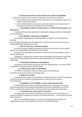 53
b. Présentation des flux de trésorerie liés aux activités d’exploitation
Les flux de trésorerie liés aux activités d’exploitation sont présentés en utilisant :
 Soit la méthode directe qui fournit des informations sur les principales catégories de
rentrées et de sorties de fonds ;
 Soit la méthode indirecte qui consiste à partir du résultat net de l’exercice et en le
corrigeant des opérations sans incidence sur la trésorerie.
c. Présentation des flux de trésorerie liés aux activités d’investissement et de
financement
L’entreprise doit présenter séparément les principales catégories de flux de financement
et d’investissement.
d. Les liquidités et équivalents de liquidités
Les liquidités comprennent les fonds disponibles, les dépôts à vue et les découverts
bancaires.
Les équivalents de liquidités sont les placements à court terme très liquide non soumis à un
risque significatif de changement de valeur.
e. Flux de trésorerie en monnaie étrangère
Les flux en monnaie étrangère provenant de transactions doivent être convertis dans la
monnaie de comptabilisation à la date du flux de trésorerie.
Les gains et les pertes latents provenant des variations des cours de change ne sont pas
des flux de trésorerie.
Néanmoins, l’incidence des variations des taux de change sur la trésorerie et équivalent
de trésorerie doit être présenté séparément des flux opérationnels, d’investissement et de
financement.
f. Présentation des éléments extraordinaires
Les éléments extraordinaires doivent être présentés séparément que se soit dans les flux
d’exploitation, d’investissement ou de financement.
g. Traitement des intérêts et dividendes
Les intérêts et dividendes versés sont classés parmi les flux financiers.
La NCM ne traite pas des intérêts et dividendes reçus.
h. Impôt sur le résultat
Les payements des impôts sur les bénéfices sont classés parmi les activités d’exploitation
à moins qu’on puisse les rattacher spécifiquement aux activités de financement et
d’investissement.
i. Acquisition et sortie de filiales et autres unités opérationnelles
La NCM signale que les flux d’investissement portent sur l’acquisition et la cession
d’actifs à long terme et de tout autre investissement. Par la suite l’acquisition et la sortie de
filiales et autres unités opérationnelles sont classées parmi les activités d’investissement.
j. Transactions sans contre partie en trésorerie
Les transactions sans incidence sur la trésorerie tels que (conversion de créances en
capital, acquisition d’entreprises au moyen d’une émission d’actions …) sont exclus de l’état de
flux de trésorerie.
Pour les immobilisations acquises en leasing, le remboursement en principal est
considéré comme une sortie de trésorerie liée aux activités de financement.
 