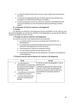 68
 Les frais de recherche telle que les activités visant à acquérir des connaissances
nouvelles…
 Les frais de développement telle que l’évaluation de nouveaux produits ou la
conception, la construction de prototypes ou modèles…
 Les frais étroitement associés aux activités de recherche et développement telle
que le suivi technique au cours de la première phase de production, contrôle
qualité …
B- Composantes des frais de recherche et développement
1. Principe
Les dépenses de recherche et développement doivent comprendre tous les coûts qui sont
directement imputable aux activités de recherche et développement ou qui peuvent être affectés
de façon raisonnable à de telles activités.
2. Exemples de coûts de recherche et développement
Les coûts de recherche et développement peuvent comprendre :
 Le coût des matières et services consommés dans la recherche et le
développement.
 La rémunération du personnel prenant part directement aux travaux de
recherche et développement et les frais connexes.
 Amortissement des matériels et installations utilisés.
 Les frais généraux qui peuvent être imputés au coût.
 Amortissement d’éléments d’actifs incorporels s’ils sont liés à la recherche et
au développement.
3. Éléments exclus du coût des dépenses de recherche et développement
NCM IAS 09
 Les frais généraux
administratifs ou commerciaux
qui ne peuvent être rattachés à
la préparation d’un procédé
avant d’être utilisé.
 Les déficiences et les pertes
d’exploitations initiales.
 Les frais de formation des
employés à l'utilisation du
procédé.
L’IAS ne cite dans son paragraphe 13 que le
premier point.
Toutefois, les deux derniers points ont été
cités par l’IAS 38 dans son paragraphe 55
réservé aux éléments exclus du coût d’une
immobilisation incorporelle générée en
interne.
 