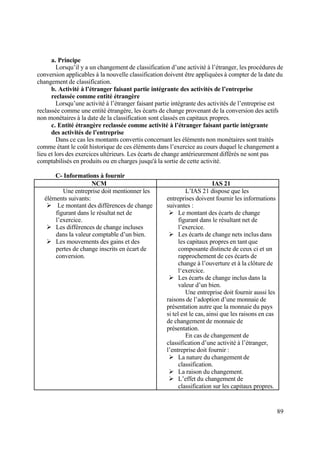89
a. Principe
Lorsqu’il y a un changement de classification d’une activité à l’étranger, les procédures de
conversion applicables à la nouvelle classification doivent être appliquées à compter de la date du
changement de classification.
b. Activité à l’étranger faisant partie intégrante des activités de l’entreprise
reclassée comme entité étrangère
Lorsqu’une activité à l’étranger faisant partie intégrante des activités de l’entreprise est
reclassée comme une entité étrangère, les écarts de change provenant de la conversion des actifs
non monétaires à la date de la classification sont classés en capitaux propres.
c. Entité étrangère reclassée comme activité à l’étranger faisant partie intégrante
des activités de l’entreprise
Dans ce cas les montants convertis concernant les éléments non monétaires sont traités
comme étant le coût historique de ces éléments dans l’exercice au cours duquel le changement a
lieu et lors des exercices ultérieurs. Les écarts de change antérieurement différés ne sont pas
comptabilisés en produits ou en charges jusqu'à la sortie de cette activité.
C- Informations à fournir
NCM IAS 21
Une entreprise doit mentionner les
éléments suivants:
 Le montant des différences de change
figurant dans le résultat net de
l’exercice.
 Les différences de change incluses
dans la valeur comptable d’un bien.
 Les mouvements des gains et des
pertes de change inscrits en écart de
conversion.
L’IAS 21 dispose que les
entreprises doivent fournir les informations
suivantes :
 Le montant des écarts de change
figurant dans le résultant net de
l’exercice.
 Les écarts de change nets inclus dans
les capitaux propres en tant que
composante distincte de ceux ci et un
rapprochement de ces écarts de
change à l’ouverture et à la clôture de
l‘exercice.
 Les écarts de change inclus dans la
valeur d’un bien.
Une entreprise doit fournir aussi les
raisons de l’adoption d’une monnaie de
présentation autre que la monnaie du pays
si tel est le cas, ainsi que les raisons en cas
de changement de monnaie de
présentation.
En cas de changement de
classification d’une activité à l’étranger,
l’entreprise doit fournir :
 La nature du changement de
classification.
 La raison du changement.
 L’effet du changement de
classification sur les capitaux propres.
 