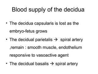 Blood supply of the decidua

• The decidua capsularis is lost as the
 embryo-fetus grows
• The decidual parietalis  spiral artery
 ,remain : smooth muscle, endothelium
 responsive to vasoactive agent
• The decidual basalis  spiral artery
 