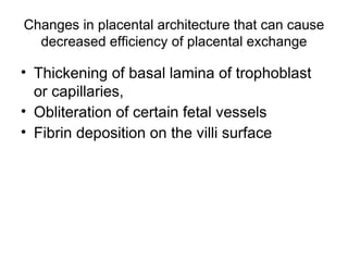 Changes in placental architecture that can cause
  decreased efficiency of placental exchange

• Thickening of basal lamina of trophoblast
  or capillaries,
• Obliteration of certain fetal vessels
• Fibrin deposition on the villi surface
 